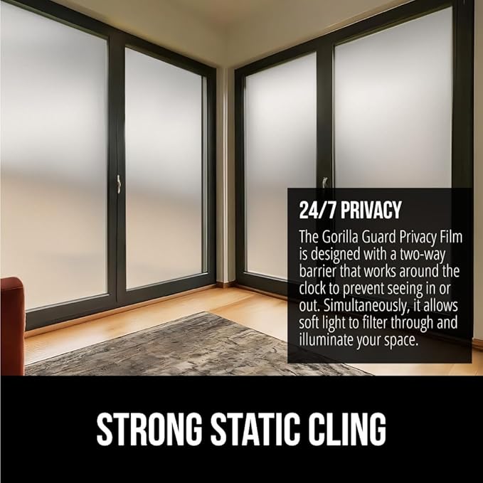 Gorilla Guard Window Privacy Film, Removable Two Way Sun Blocking, Reusable No Residue Stickers, Strong Static Clings to Glass Windows, Decorative Bathroom Door Coverings, 11.8 x 78.7 Inch, White