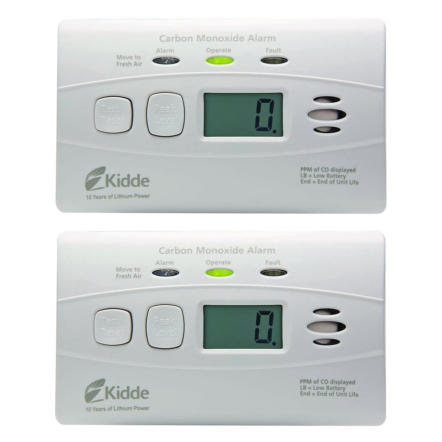 Kidde Carbon Monoxide Detector with 10-Year Battery, Digital Display, 3 LEDs, 2 Pack and Smoke Detector, 10-Year Battery, LED Lights & Replacement Alert