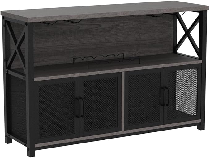 LVB Wine Bar Cabinet, Industrial Coffee Bar Cabinet for Liquor and Glasses, Modern Sideboard Buffet with Storage Rack, Rustic Liquor Home Bar for Kitchen Dining Living Room, Dark Gray Oak, 47 Inch