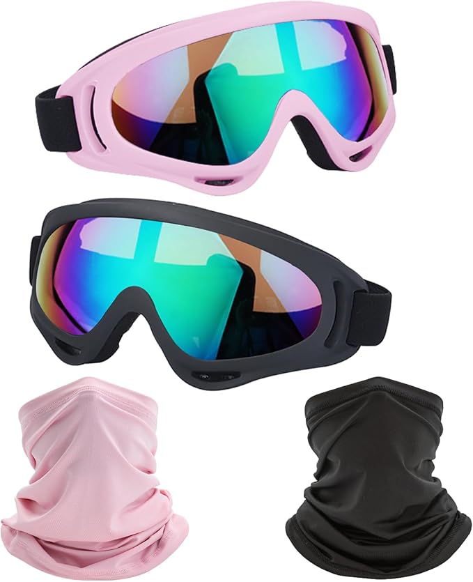LJDJ Motorcycle Goggles,2 Pack Dirt Bike ATV Motocross Riding Hiking Protective with 2 Pack Neck Breathable Bandana Mask
