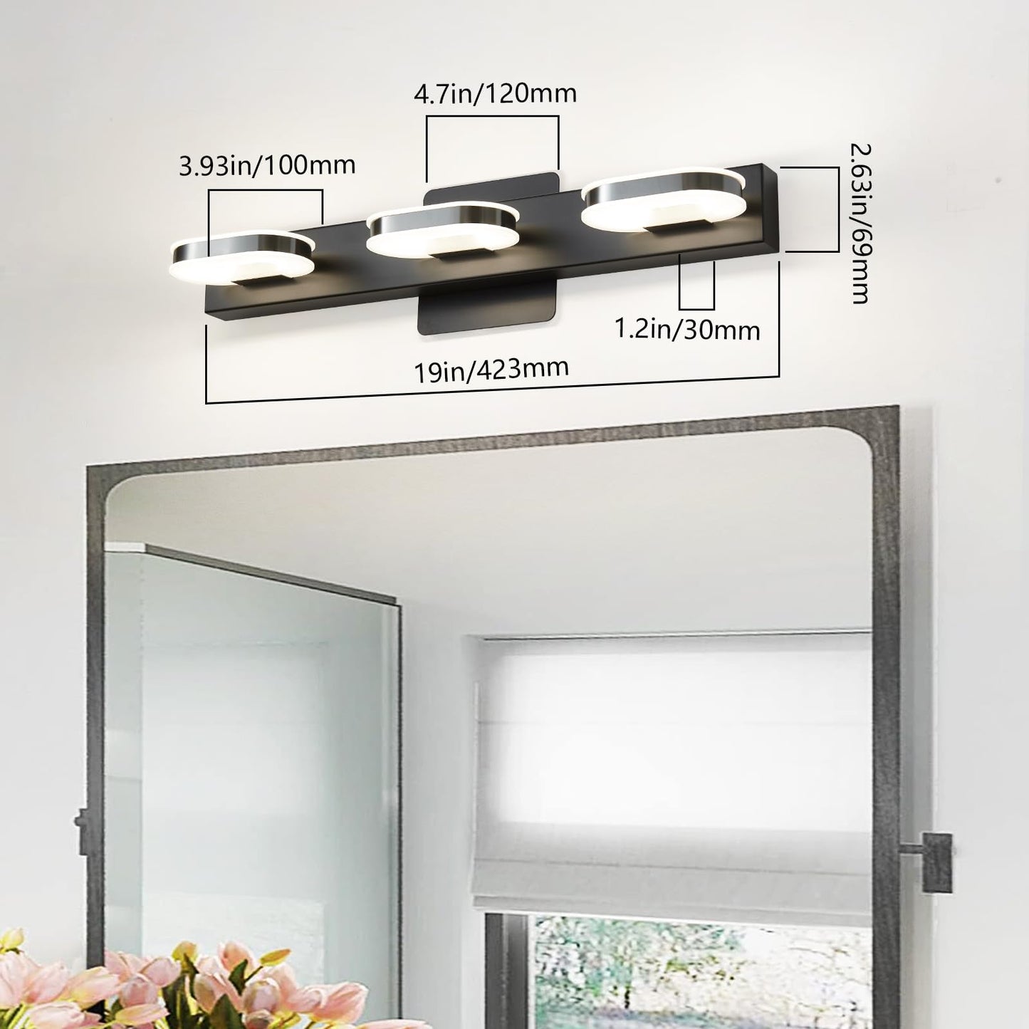 Myhaptim Modern LED Vanity Light Fixture, 3 Lights, Stainless Steel, 19 Inch, Black