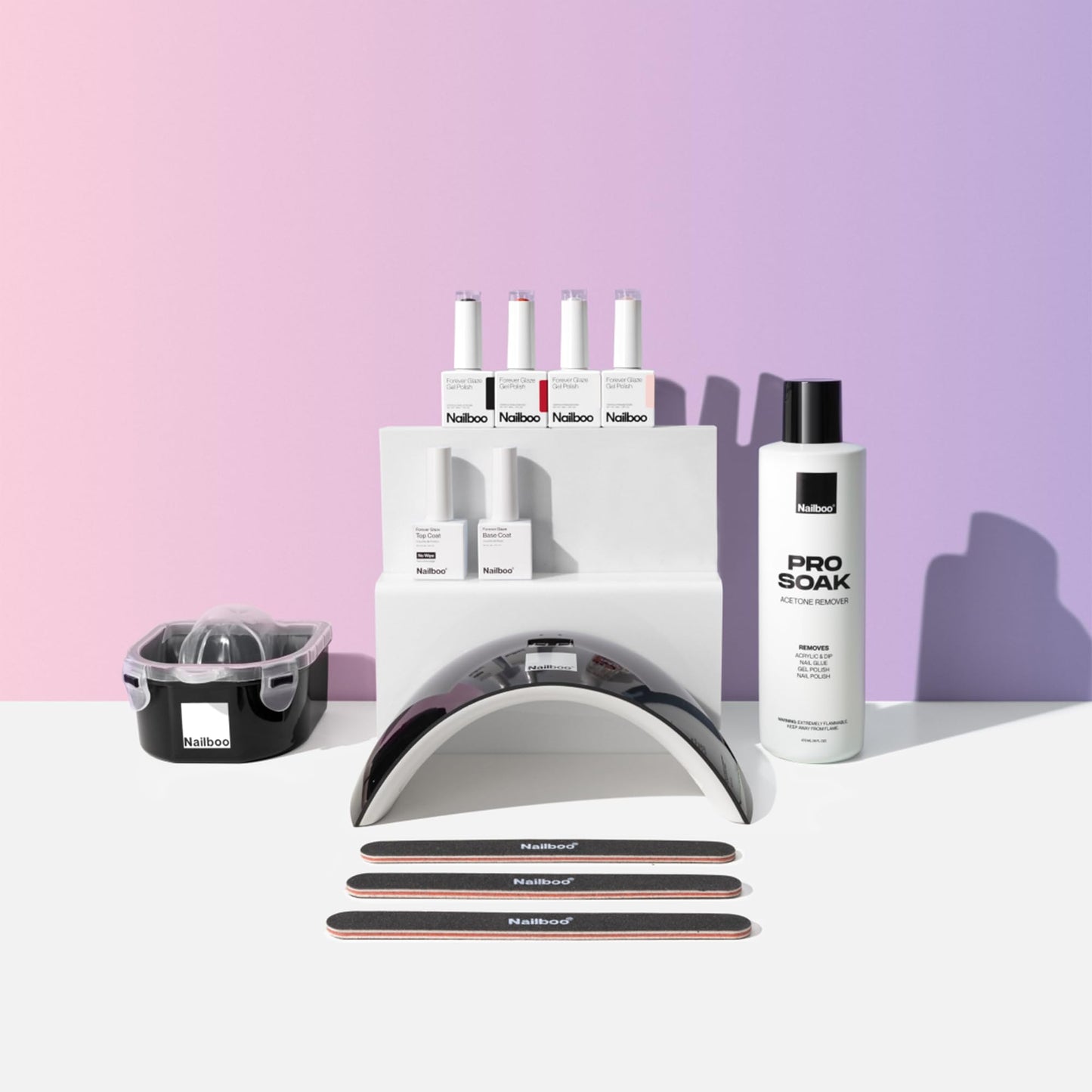 Nailboo Gel Nail Polish Kit with UV Lamp - 4 Forever Glaze Gel Polishes, Acetone Remover, Soak Bowl, Base Coat, 3 Nail Files, No