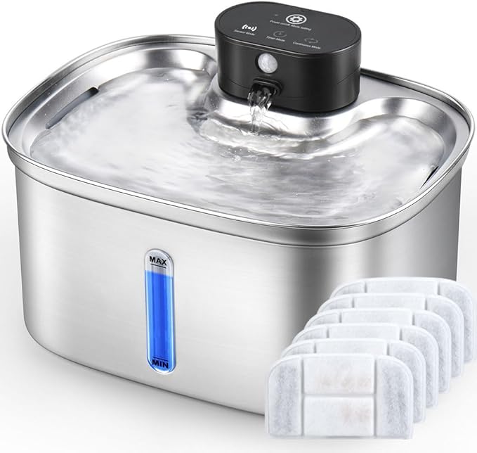 Wireless Cat Water Fountain Stainless Steel, 5L/169oz Automatic Pet Water Dispenser with 5000mAh Battery, 3 Modes (Sensor/...
