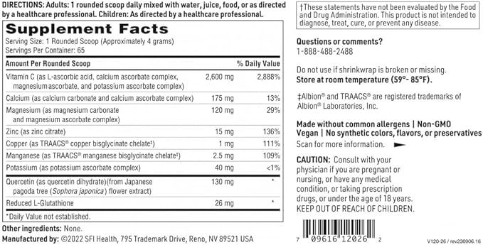 Klaire Labs Multi-Element Buffered C Powder with Quercetin Bioflavonoid & L-Glutathione to Support Immune Function & Antioxidant Protection, Hypoallergenic & Gentle on Stomach (65 Servings, 260 Grams)