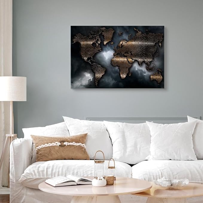 artgeist Canvas Wall Art World Map 24x16 in - 1pcs Home Decor Framed Stretched Picture Photo Painting Artwork Image - Abstract Continents Map World Map Sky k-A-0501-b-a
