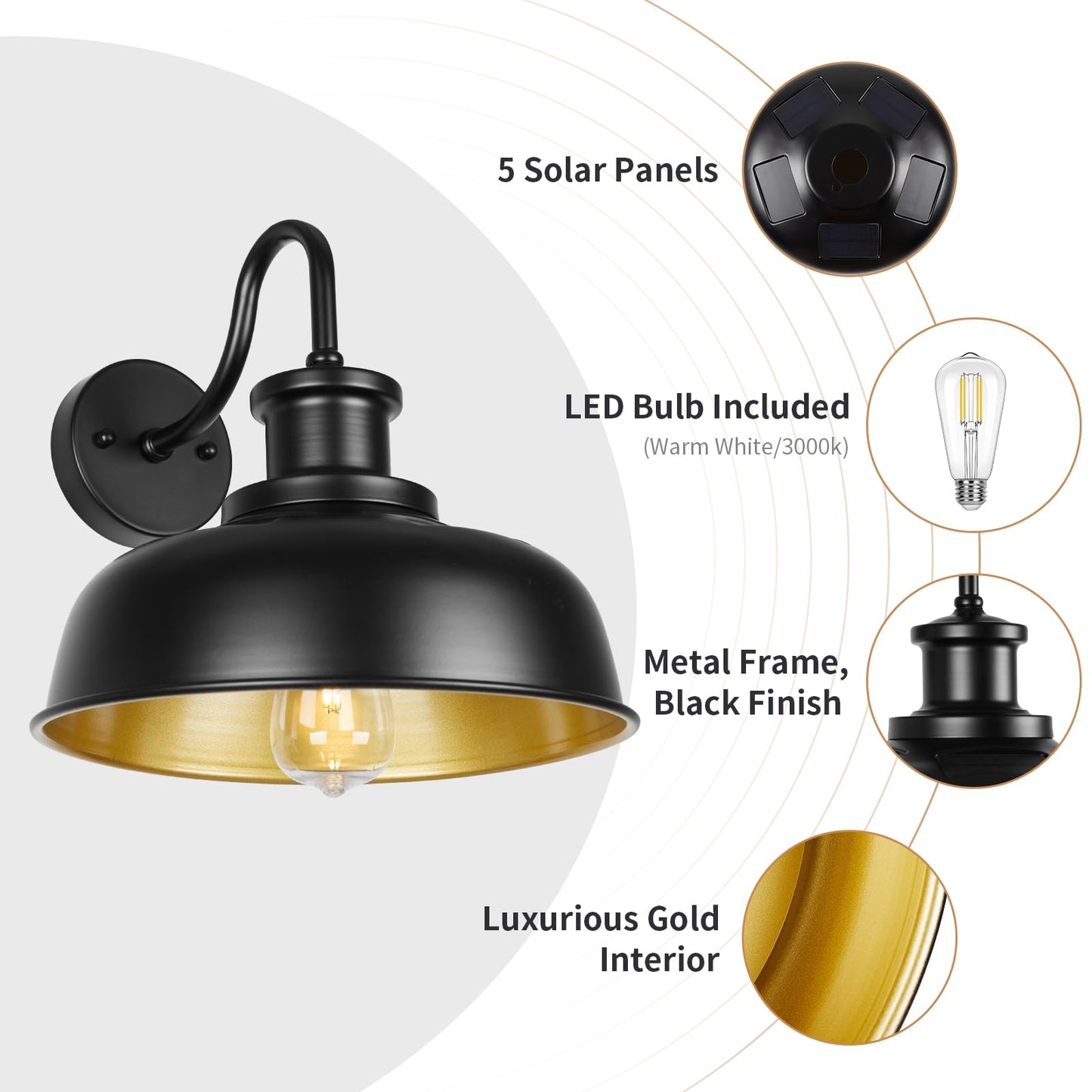 Diyel Solar Barn Light For Outside  Gooseneck Outdoor Wall Lights Solar Powered  Farmhouse Exterior Wall Sconce  Industrial Outside Lighting Fixture  Rustic Lantern For Garage  Barn  Shed Rzsr007-2 Bk