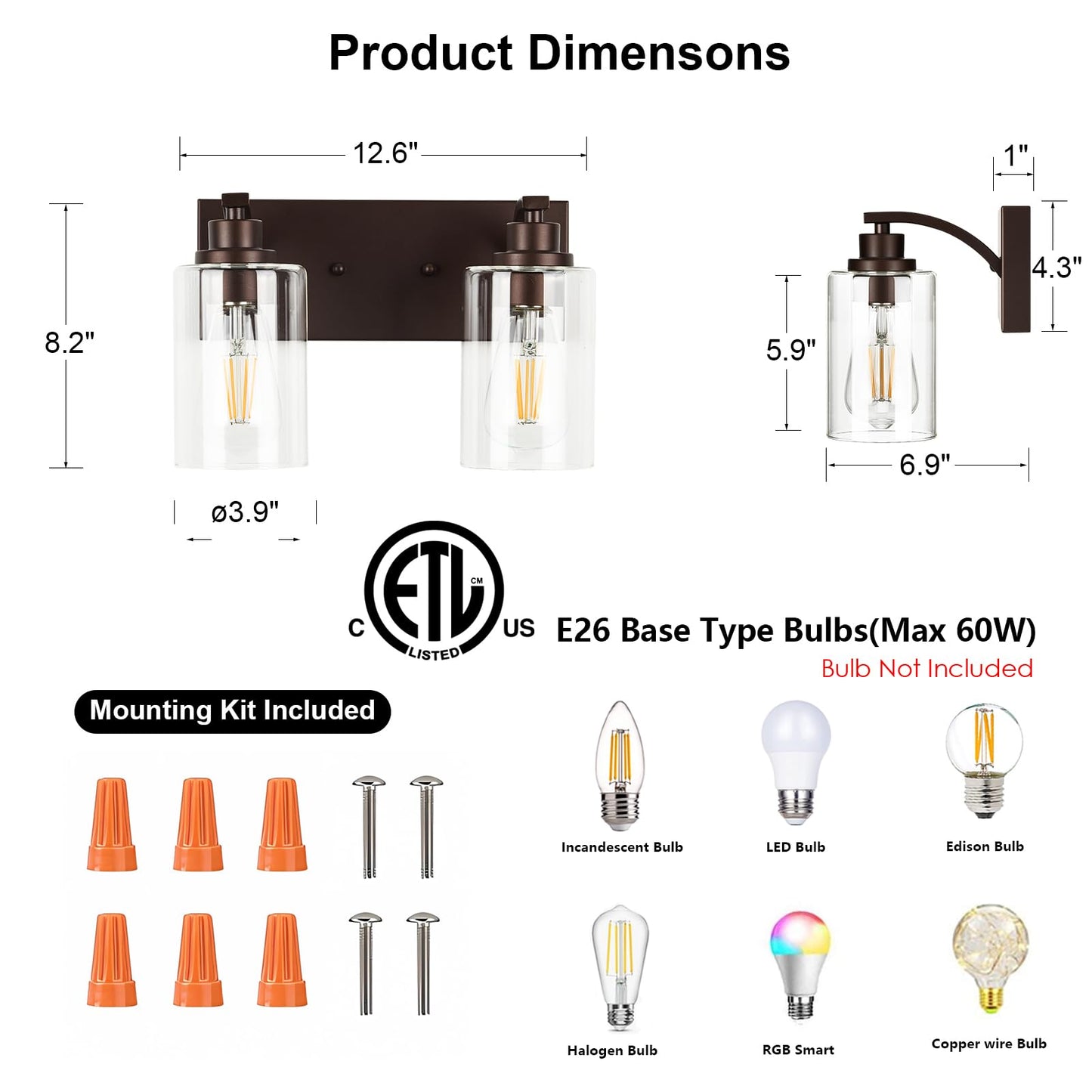 Alaislyc 2-Light Bathroom Light Fixtures Modern Orb Vanity Lights For Bathroom Lighting Fixtures Over Mirror With Clear Glass Shade For Cabinet Mirror Bedroom Hallway