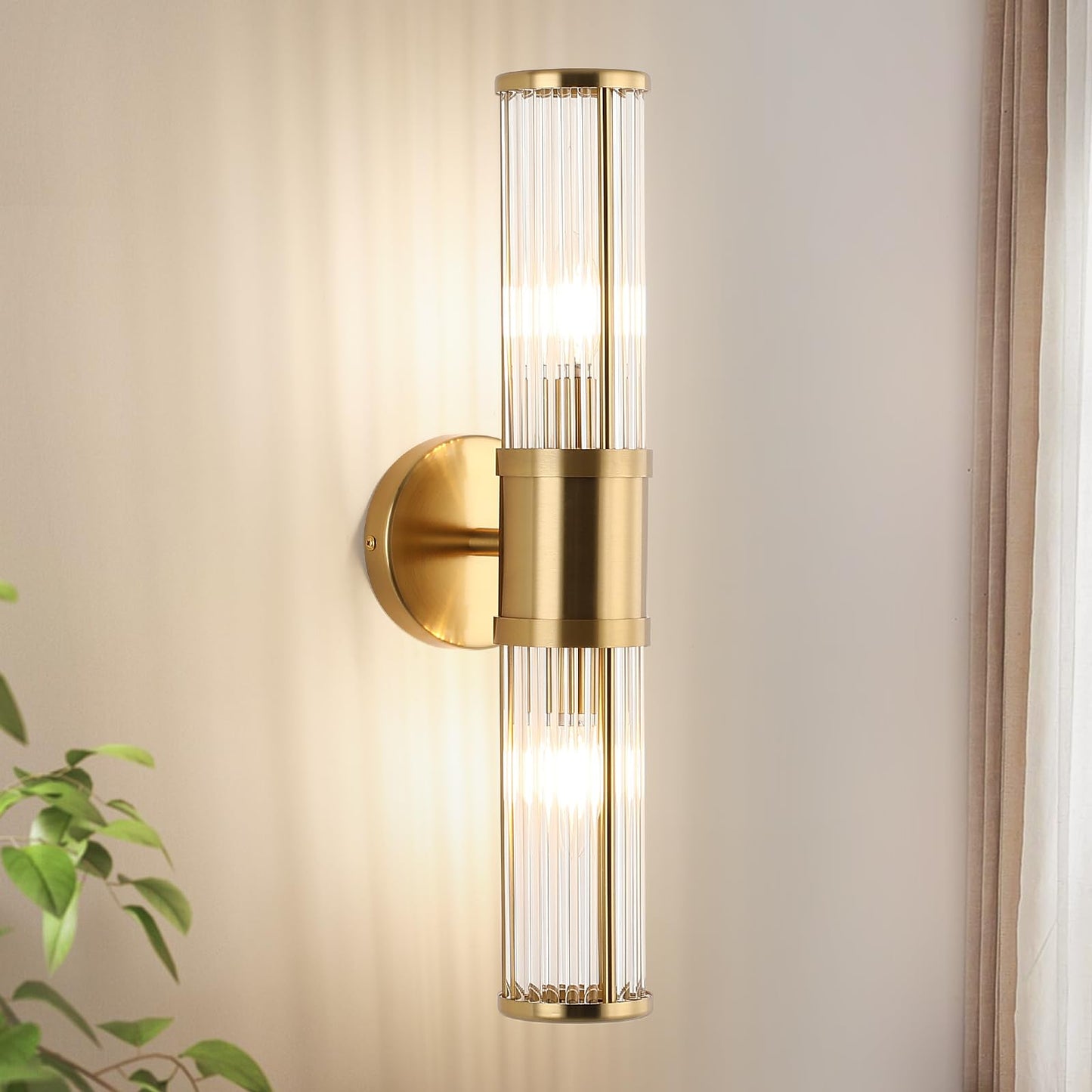 Ecobrt Glass Rods Wall Light Fixture, Brass Indoor Vanity Light, E12 Socket, Model 1630-Brass, Brushed Brass Finish