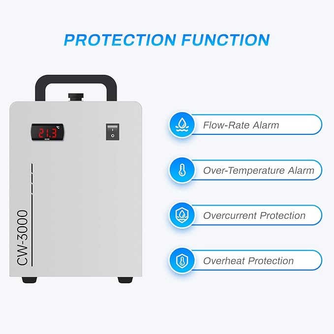 Industrial Water Chiller, CW-3000 Industrial Thermolysis Type Water Chiller, 6L Capacity 2.6gpm Water Cooling System for 40W-80W CO2 Laser Engraving & Cutting Machines, 50W / ℃