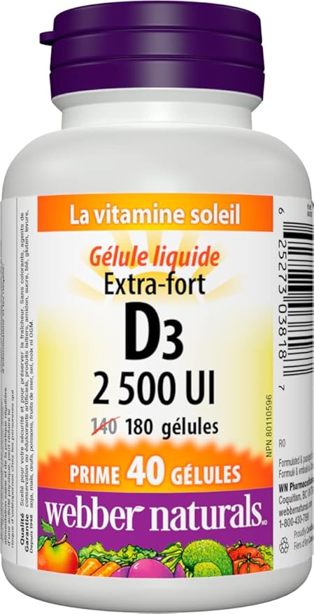 CONFETTIWOW Webber Naturals Vitamin D3 2,500 IU Extra Strength, 180 Softgels, for Healthy Bones, Teeth, and Helps Prevent Vitamin D Deficiency
