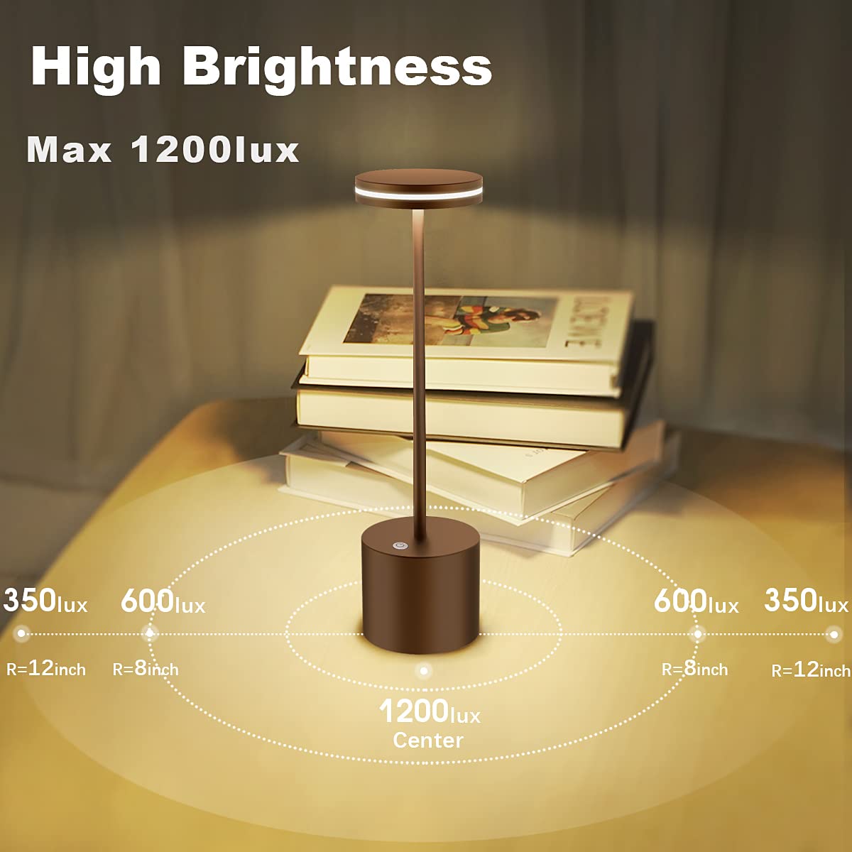 bravzurg Rechargeable Table Lamp, Dimmable LED, 5000mAh, Metal, Wireless, Brown, Model S805