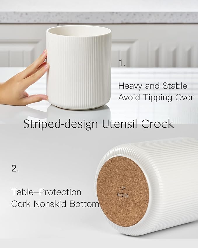 getstar Extra Large Kitchen Utensil Holder for Kitchen Counter (H7.2” x W6.2”), Ceramic Cooking Utensil Holder with Cork Mat (White, Large(7.2"))