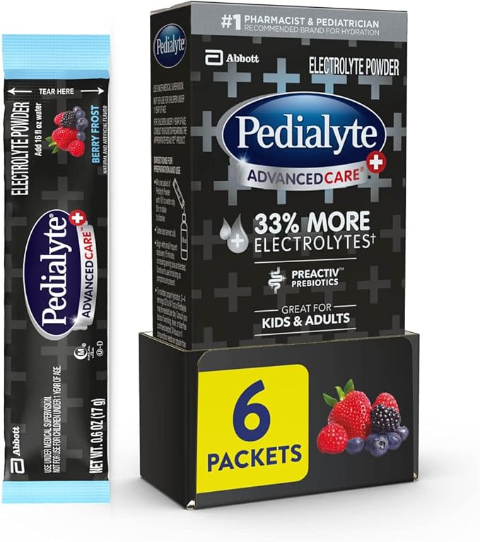 Pedialyte AdvancedCare Plus Electrolyte Powder, Has 33% More Electrolytes and PreActiv Prebiotics, Berry Frost, 6 Powder P...