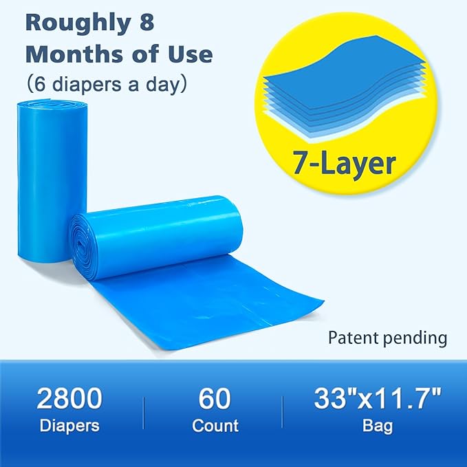 Refill Bags Compatible with Genie Easy Roll Signature Diaper Pail and Platinum Diaper Pail, Scented 60 Bags Hold up to 2800 Newborn Diapers, Upgraded Extra Thickness Powerful Odor Control
