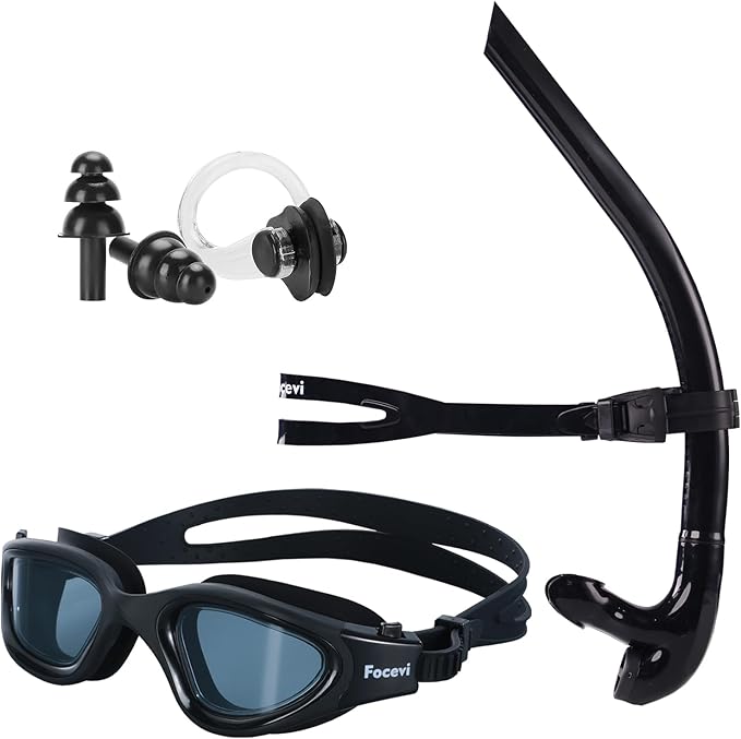 Swim Snorkel for Lap Swimming Set,Includes Snorkel, Goggles, Nose Clips and earplugs, Front Swimming Snorkeling Training f...