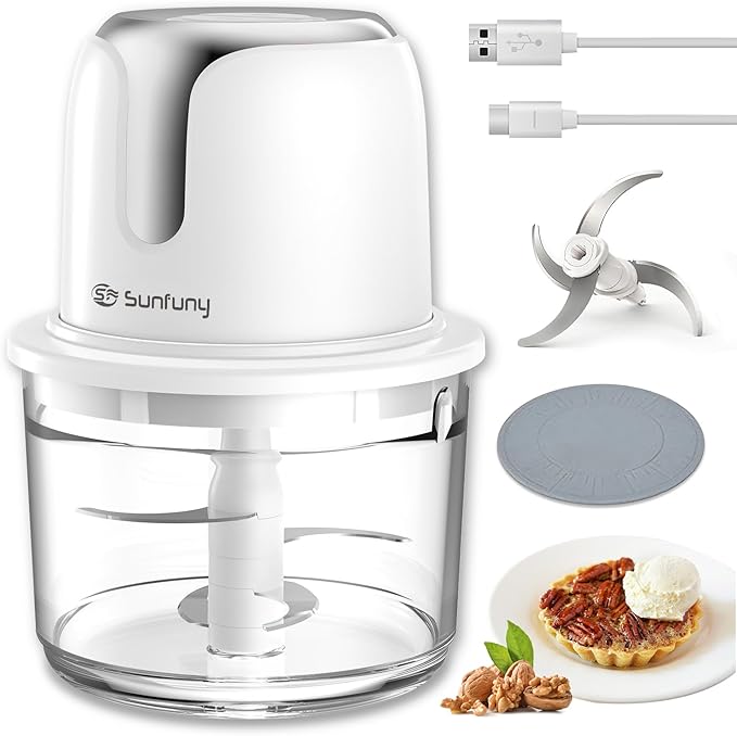 Food Processor Cordless, Small Wireless Chopper with 5-Cup Glass Bowl, 6000mAh Battery USB-C Rechargeable Electric Vegetable Chopper Meat Blender Kitchen Mixer for Garlic, Onion, Salad,Xmas Gift,White