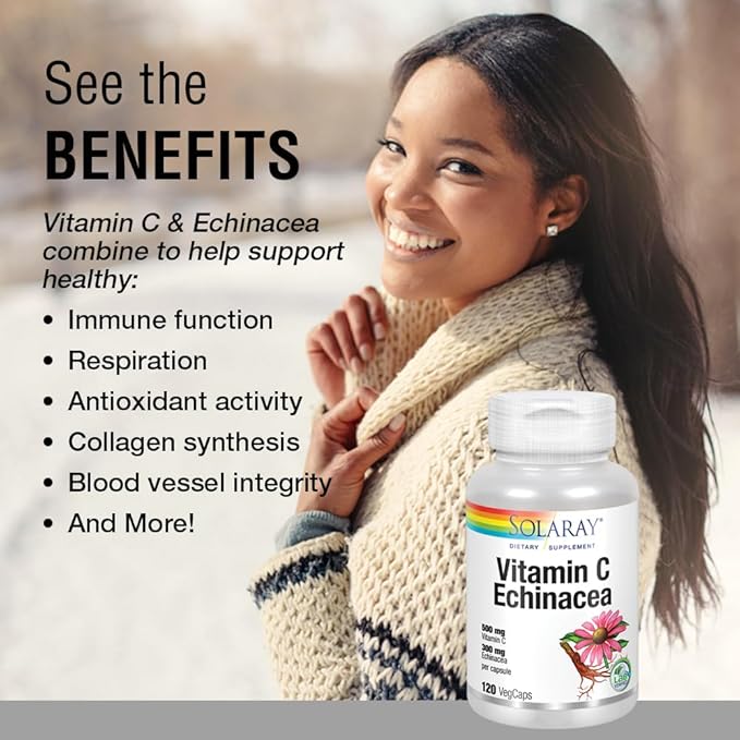 SOLARAY Vitamin C & Echinacea Root | Healthy Immune System Support w/ 500 mg VIT C & 300 mg Echinacea Per Capsule | Non-GMO & Vegan | 120 VegCaps