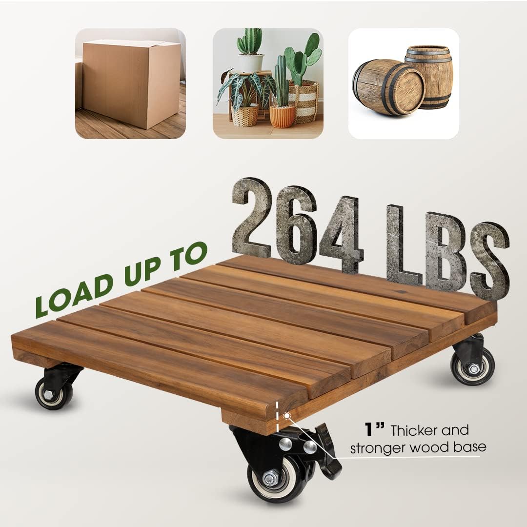 Idzo 2-Pack 12 Inch Acacia Wood Rolling Square Plant Caddy for Plant Pots, Heavy Duty Plant Stand with 360° Lockable Wheels, 264 lbs Capacity Caddy for Indoor and Outdoor Use, Natural Wood