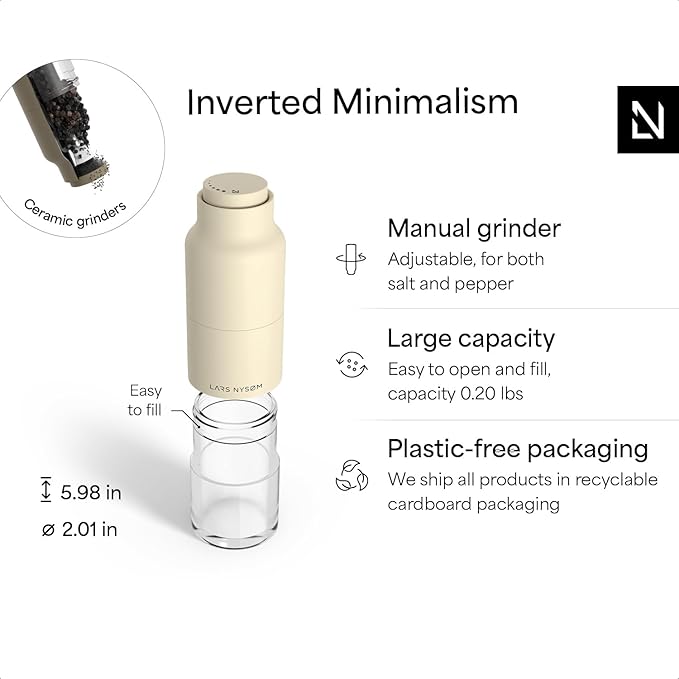 LARS NYSØM Salt and Pepper Grinder Set, Stainless Steel Manual Salt and Pepper Mills, Adjustable Ceramic Grinder, Design Spice Shakers (Brown/Beige)