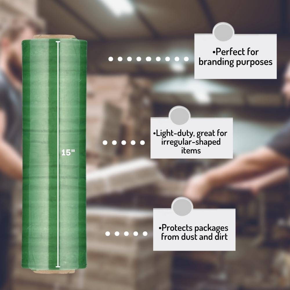 PSBM Green Stretch Wrap, 15 Inch x 1476 Feet, 72 Pack, Tinted Pre-Stretched Shrink Wrap Film for Moving, Packaging, Pallet Wrapping