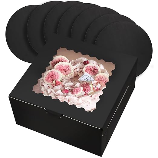 qiqee 10x10x5 Cake Box, 18 Sets Black Cake Box with Window ＆ 18 Sets 10" Black Cake Round Boards, 10inch Cake Containers