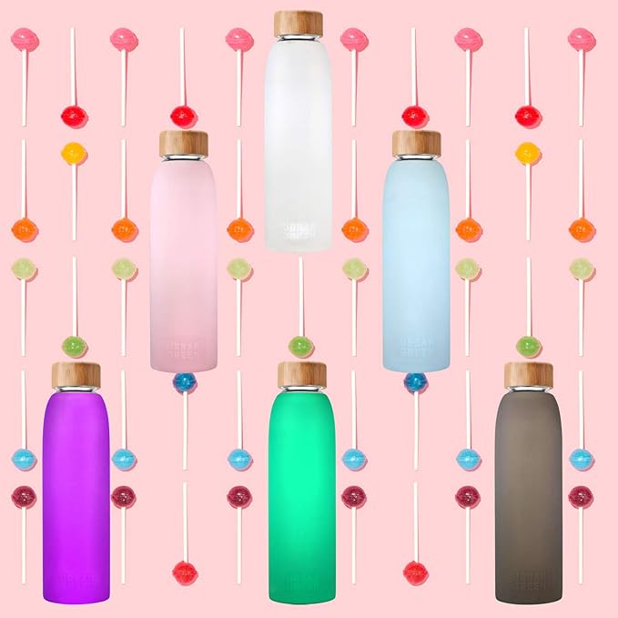 Urban Green Glass Water Bottle with Protective Silicone Sleeve and Bamboo Lid, 18oz, 1extra 304 Stainless Steel Lid with Handle, BPA Free, Dishwasher Safe, Valentine Gift