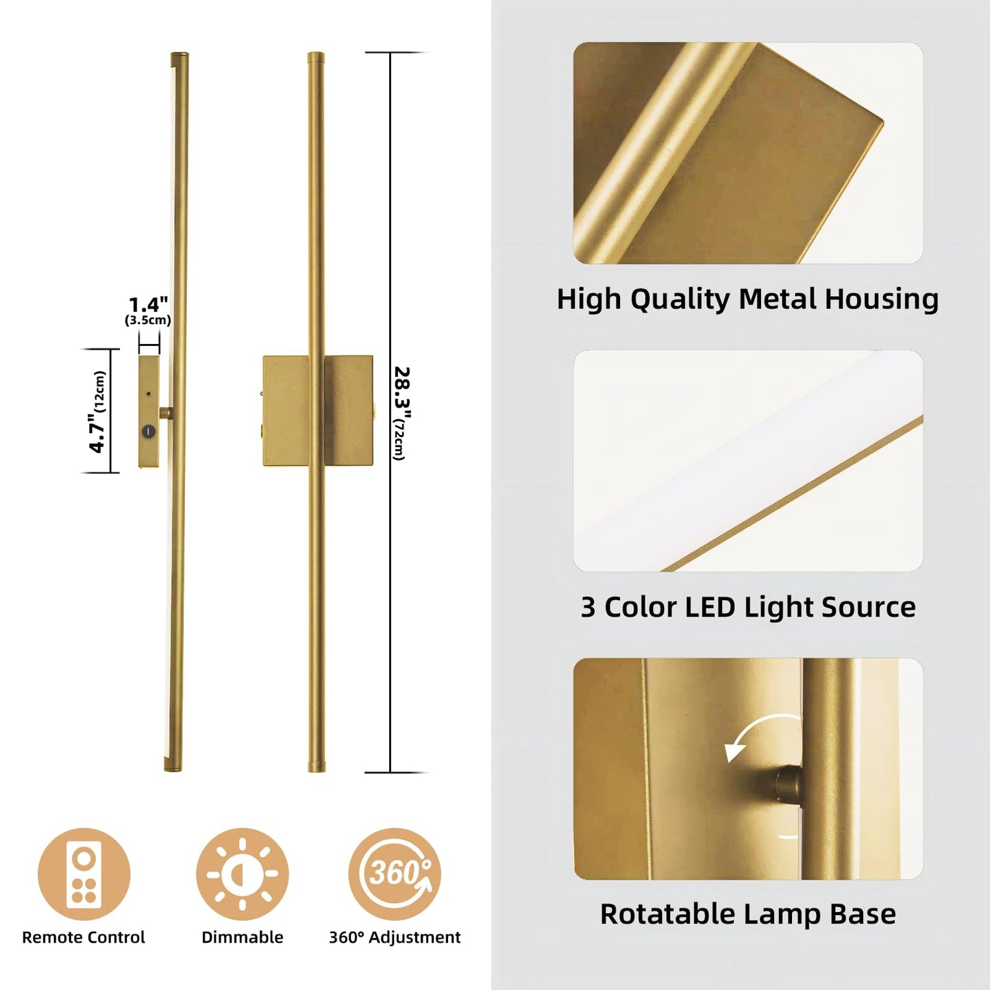 usiopup Battery Operated Wall Sconces, Gold Metal Vanity Lights, 28.3-Inch, Set of Two with Remote Control, Model 1610