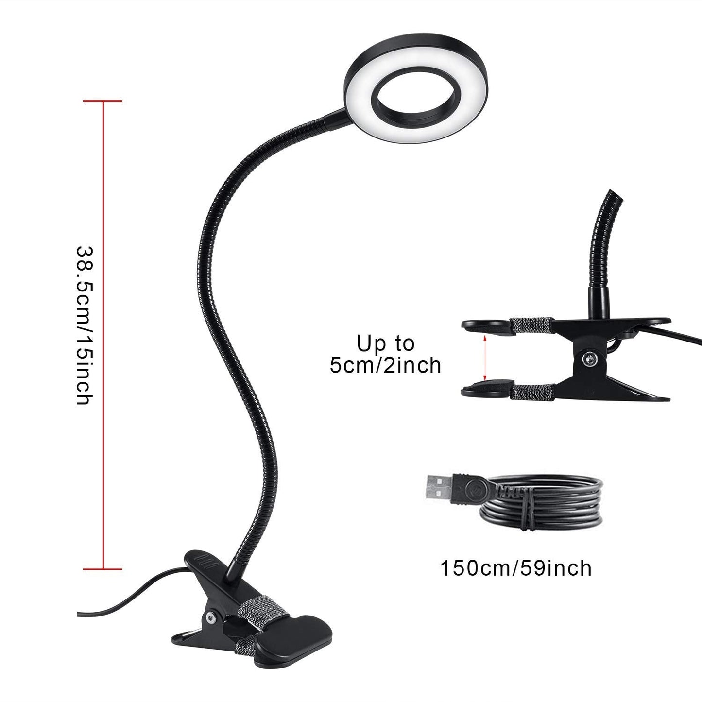 Qqappu Clip Light - 48 Led Clamp-On Desk Lamp, 3 Color Modes, 10 Brightness Levels, Flexible Gooseneck, Black