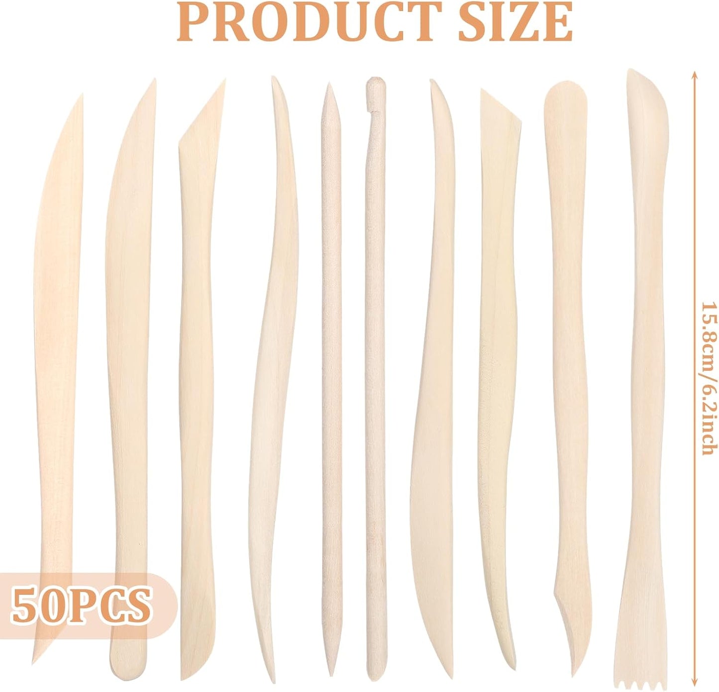 50PCS Wooden Clay Sculpting Tools, 6.2'' Smooth Double Ended Clay Modeling Tools, Polymer Clays Tool Sculpting, Wood Pottery Tool Kit for Ceramics Soap Playdough Carving Supplies
