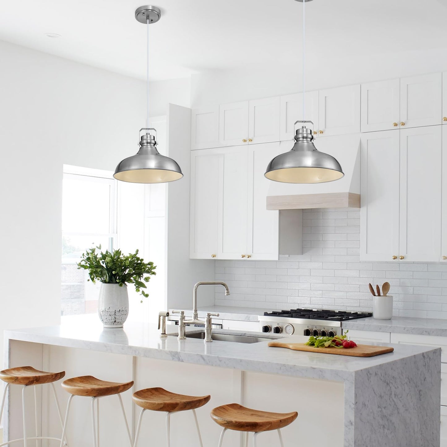 Alaislyc Brushed Nickel Farmhouse Pendant Lights Matte Pendant Lighting For Kitchen Island Industrial Adjustable Height Vintage Dome Hanging Light Fixtures For Barn  Dining Room 1 Pack