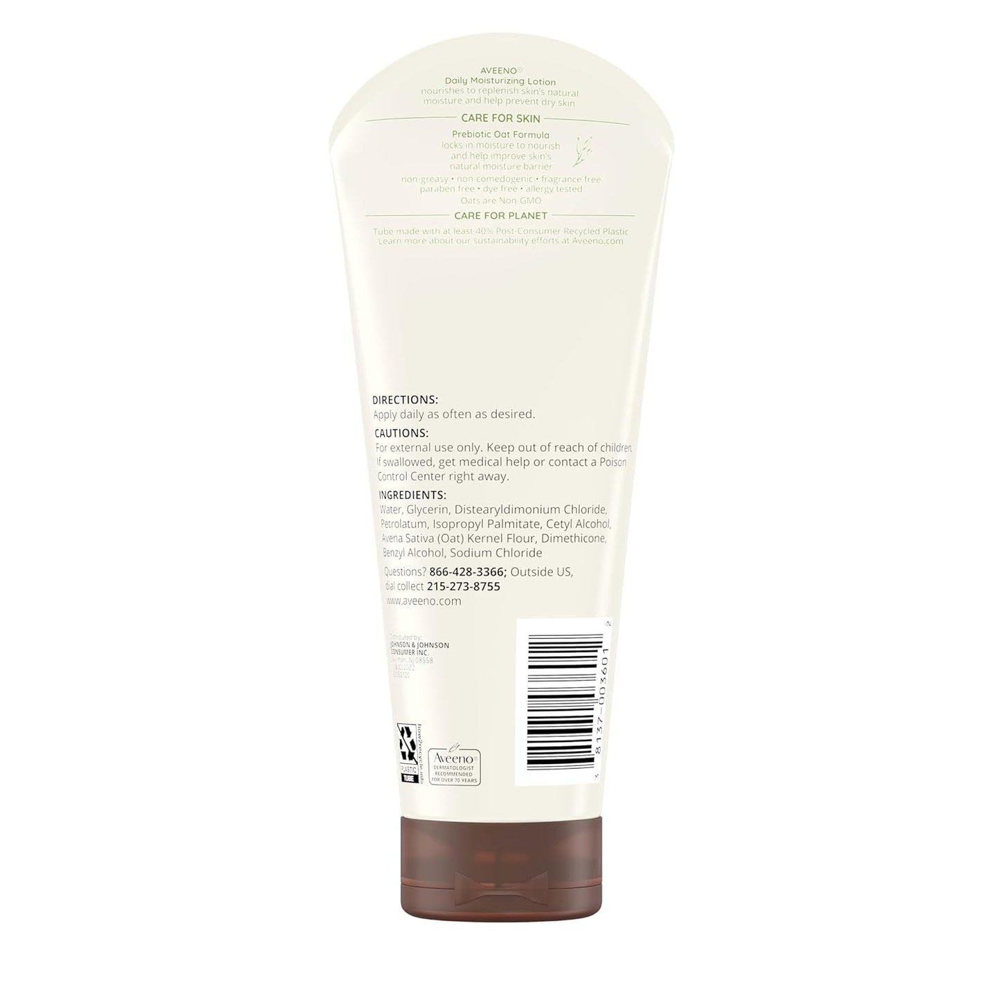 Aveeno Daily Moisturizing Body Lotion, Body Lotion for Dry Skin with Prebiotic Oat, Paraben Free, Fragrance Free, Non-Greasy, Non-Comedogenic Moisturizer, 8 FL OZ