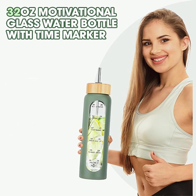 32 oz Glass Water Bottles with Straw - Motivational Glass Water Bottle with Time Marker & Silicone Sleeve(navy bule)