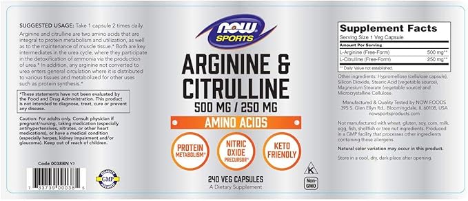 NOW Sports Nutrition, Arginine & Citrulline 500 mg/ 250 mg, Amino Acids, 240 Veg Capsules
