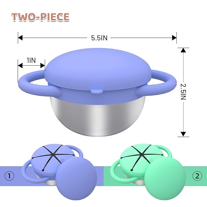 Snack Cups for Toddlers Spill Proof, 2 Pack Toddler Snack Containers with Silicone Lids & Handles, Safe and Durable, Stainless Steel Baby Snack Containers
