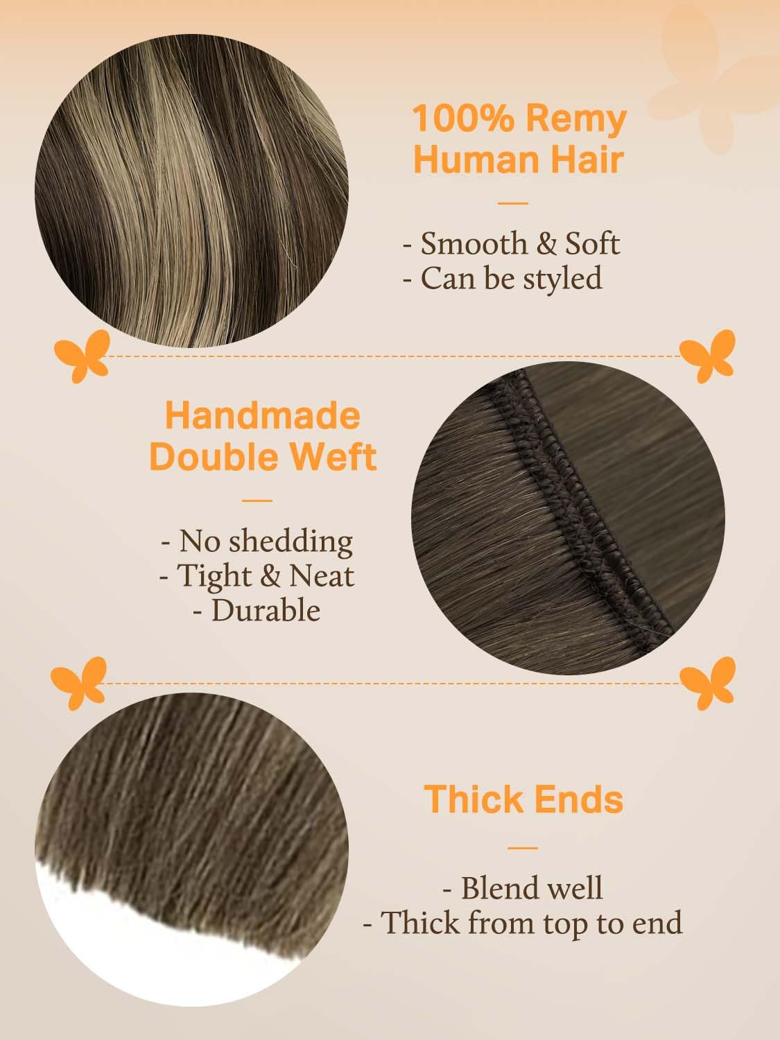 DOORES Human Hair Extensions, Chocolate Brown to Honey Blonde 16 Inch 80g, Sew in Human Hair Extensions Natural Hair Thickness S
