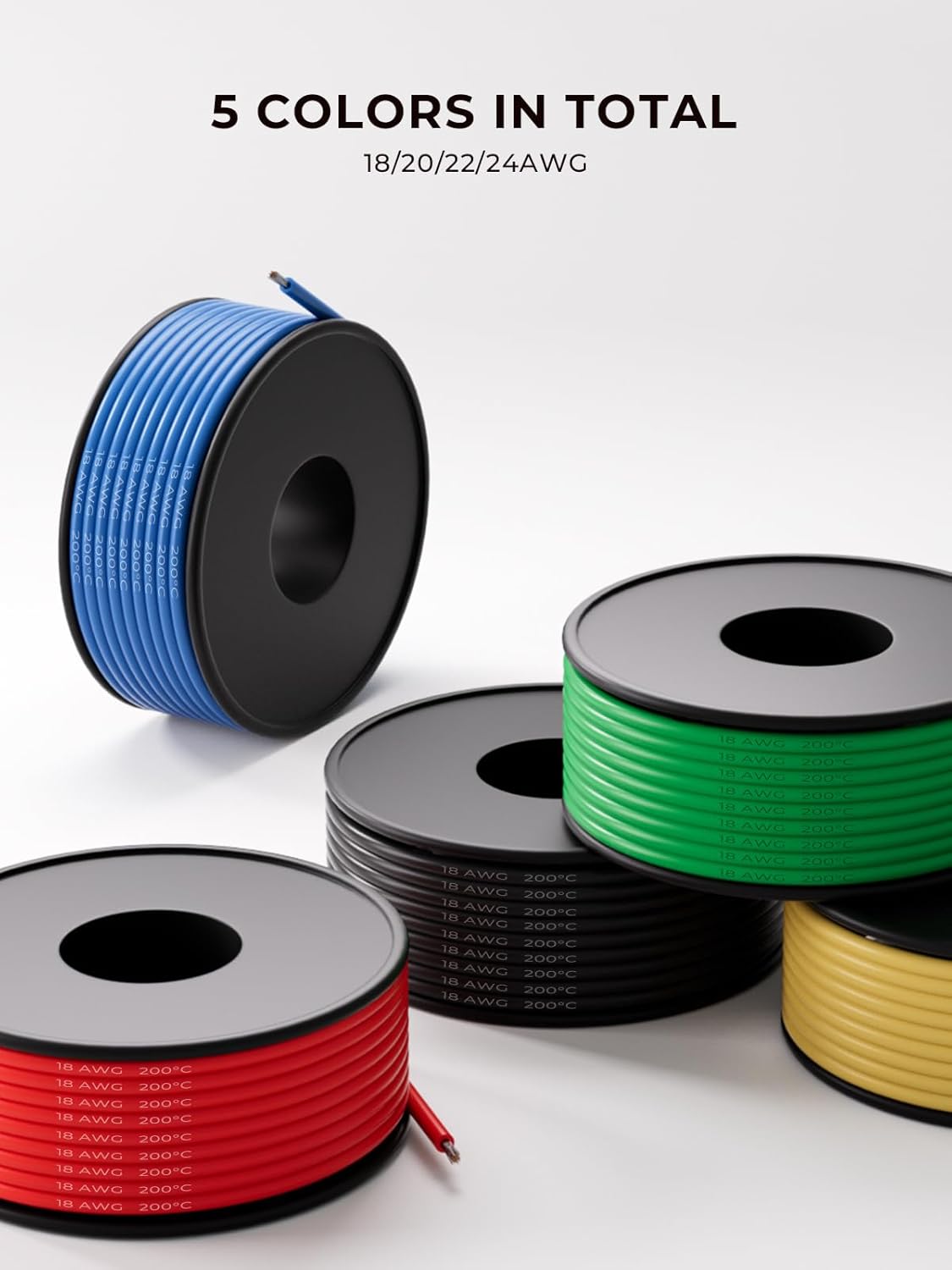 18 AWG Silicone Wire Kit 150FT, 18 Gauge Stranded Tinned Copper Wire Spool, 5 Colors 30FT Each,Flexible Electrical Wire for DIY, Automotive, LED, Arduino, Battery Projects