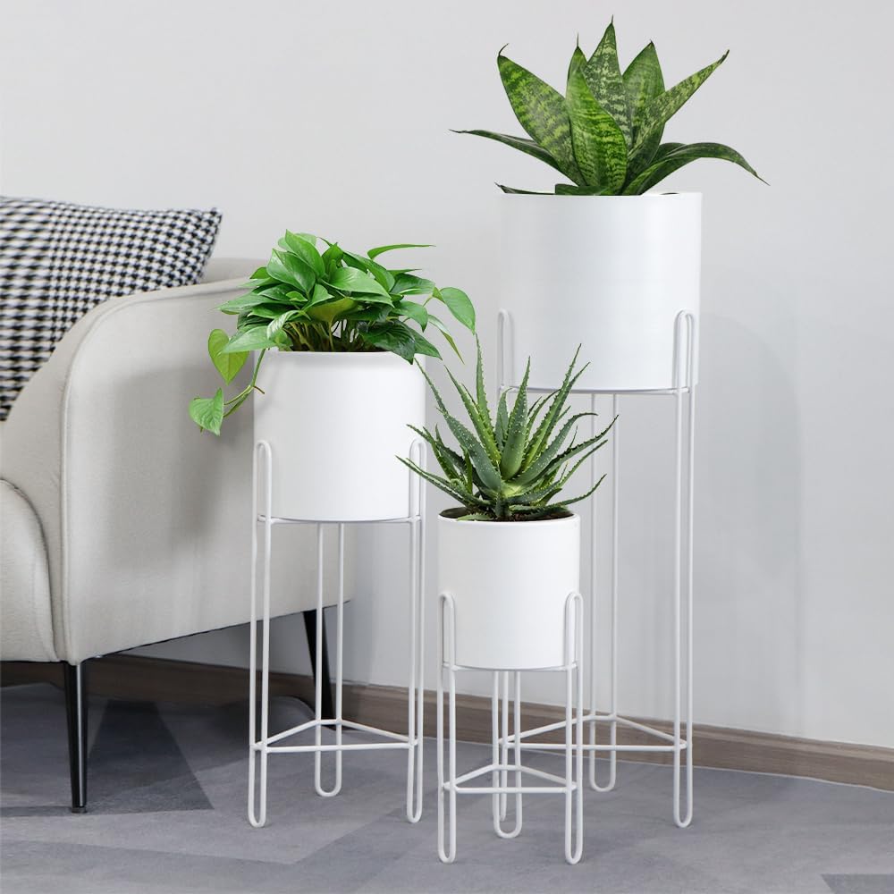 TRIROCKS Set of 3 Planters with Stand Indoor Otdoor Tall Planters for Indoor Plants 29 &22 &12" Morden Planters Flower Pots for Living Room Corner Kitchen Office Garden Balcony Patio Decor(White)