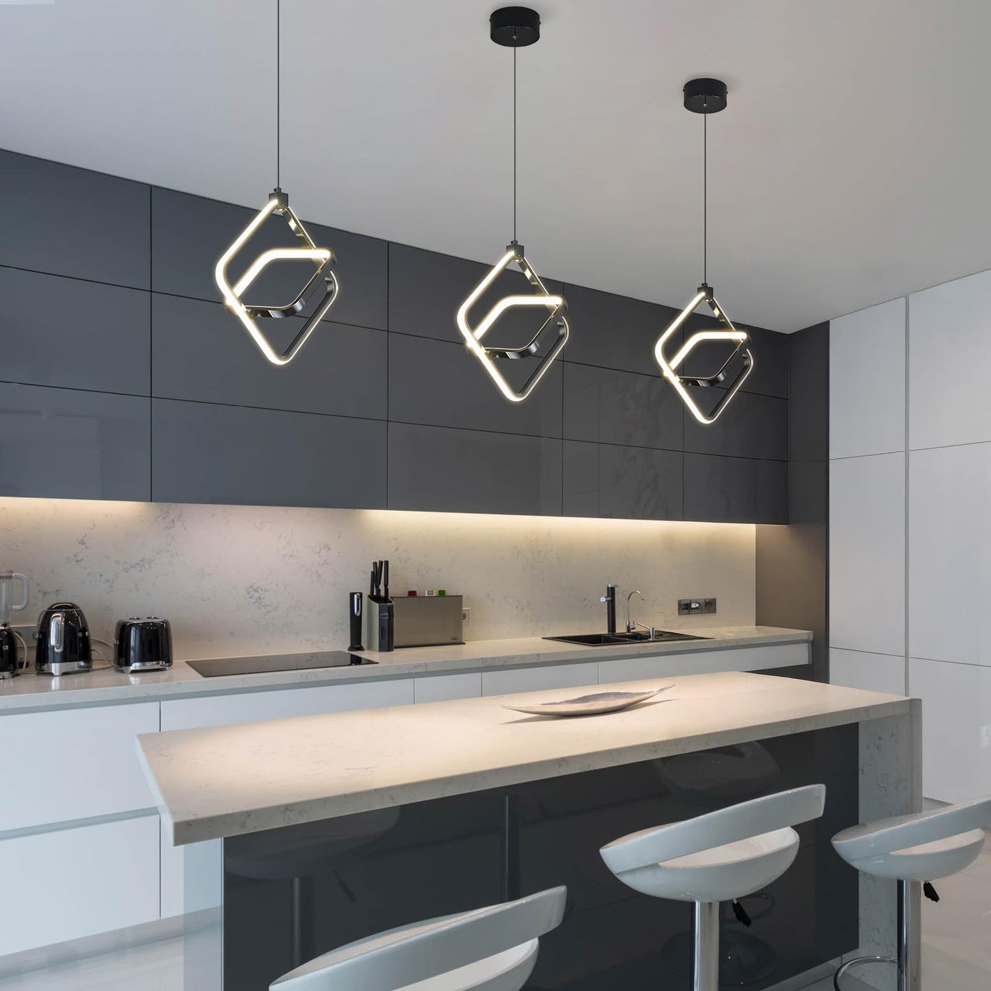 Bnhhlz Modern Led Pendant Lights Plated Black Rectangular Pendant Light Fixtures 4000K 20W Dimmable Pendant Lighting For Dining Room Kitchen Island Bedroom Living Room Foyer(3-Pack)