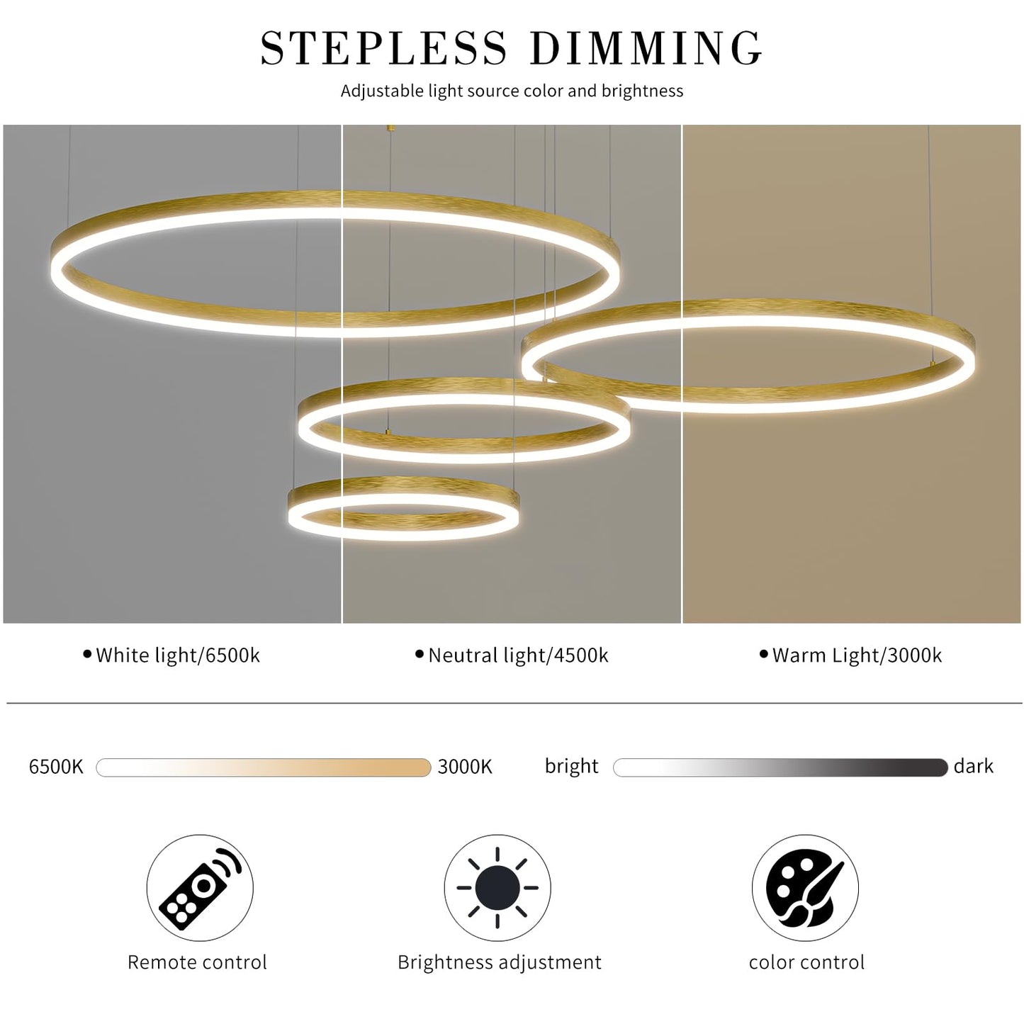 Mikeru Modern LED Chandelier Light with Remote Control, 3000K-6500K Adjustable, 4 Rings, B-Black, 15.7+23.6+31.