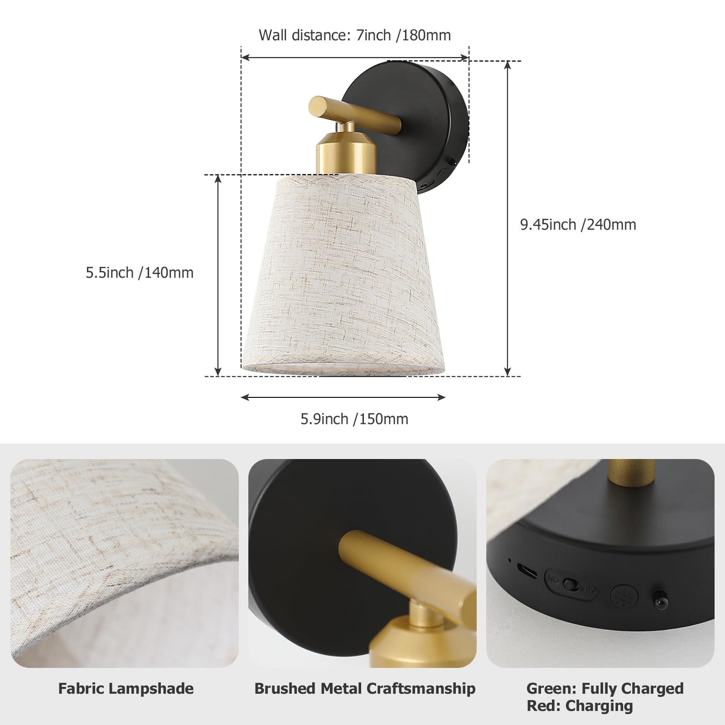 Joosenlux Battery Operated Wall Sconce Set Of 2 With Fabric Shade - Rechargeable Cordless Wall Lamps  Remote Control  Dimmable Led  Black And Gold  Modern Decorative Accent Light