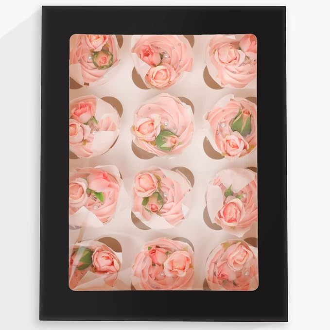 Bakepacker 12 Cupcake Containers 20-Packs Black Cupcake Box Cupcakes Carrier, 12 Cupcake Boxes with Window 13"x10"x3.5"（Auto-pop up）