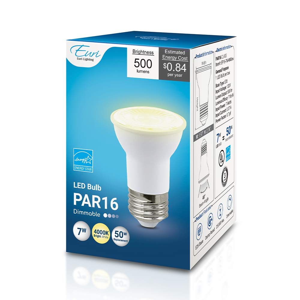 Euri Lighting Dimmable Led Par16 7W Bright White 4000K, 500Lm, E26 Base, Model Ep16-7W4040Ew, Damp Rated, Energy