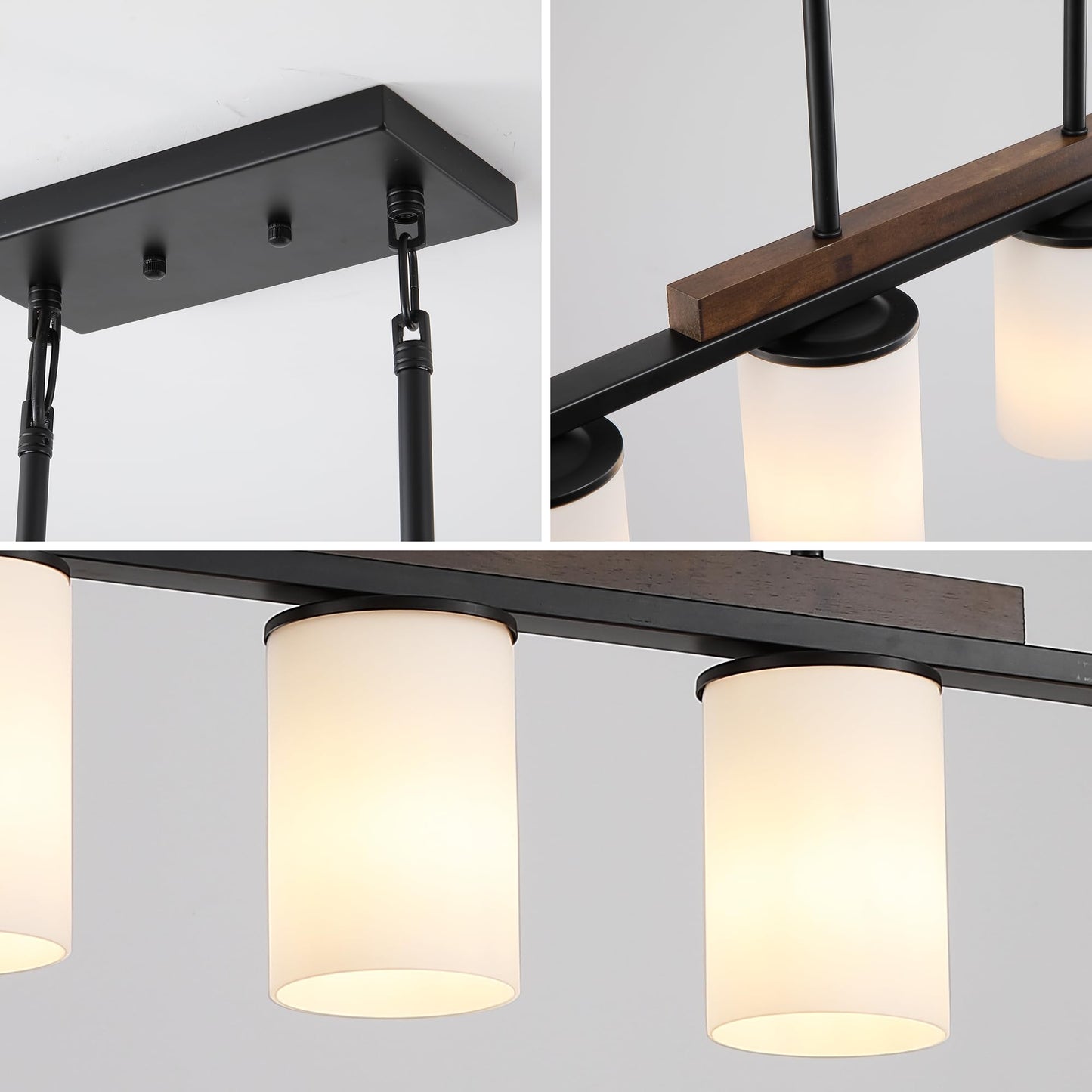 Mecgirn Farmhouse Dining Room Light Fixtures Over Table  Black Pendant Lights For Kitchen Island With Milk Glass Shade  4 Light Linear Chandelier Lighting With Wood