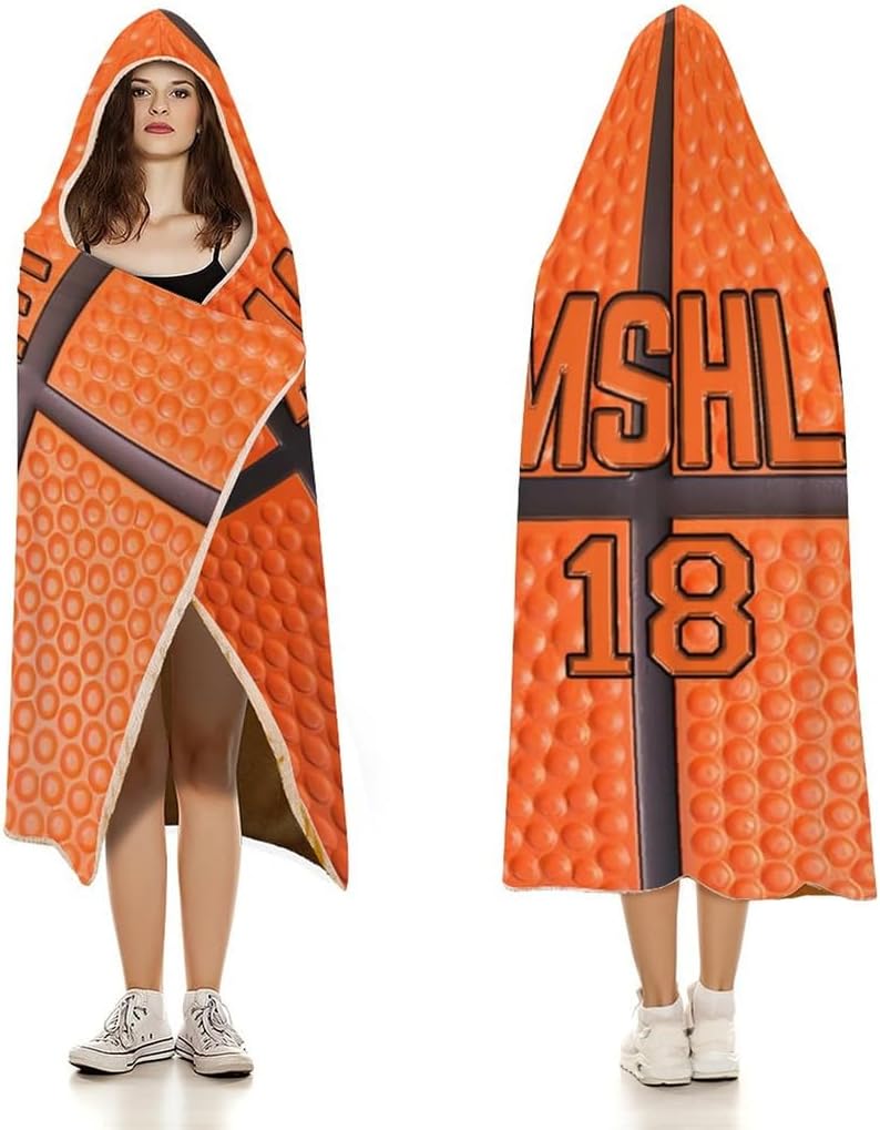 Personalized Basketball Lovers Gifts Wearable Ball Themed Hooded Blanket Customized Sport Hooded Throw-Blanket Gifts for Sofa Bedding Travel Custom Wearable Basketball Sport Blanket with Name