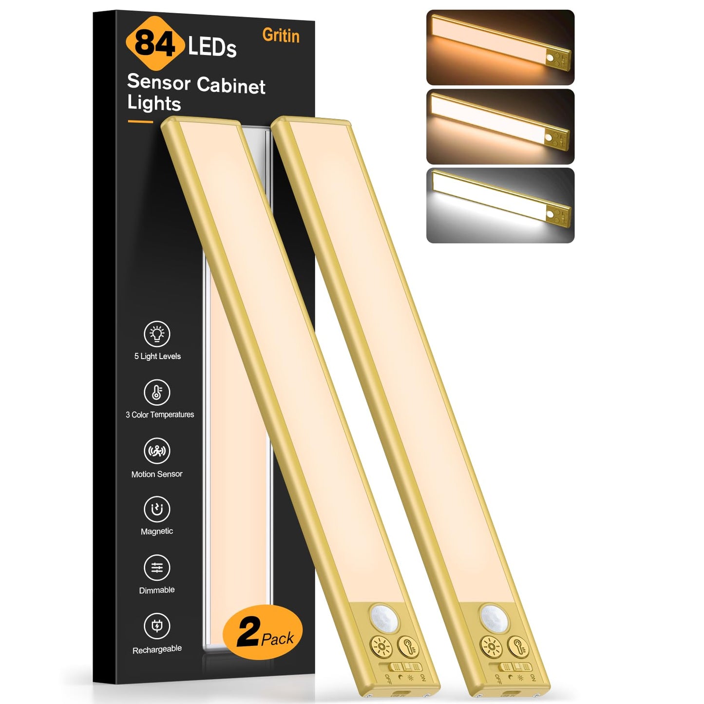 Gritin 10.2Inch Under Cabinet Lighting Rechargeable -84 Led Super Bright 3-Color& 5 Level Brightness 4 Modes Motion Sensor  Long Lasting- Easy Installation Magnetic Closet Lights -2 Pack-Gold