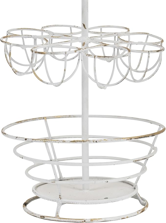 Vintage White Metal Egg Holder with Rooster Top - 2-Tier & Bottom Basket Design, Farmhouse Distressed Decor Egg Storage Rack for Kitchen Countertop Decor (White with Gold)
