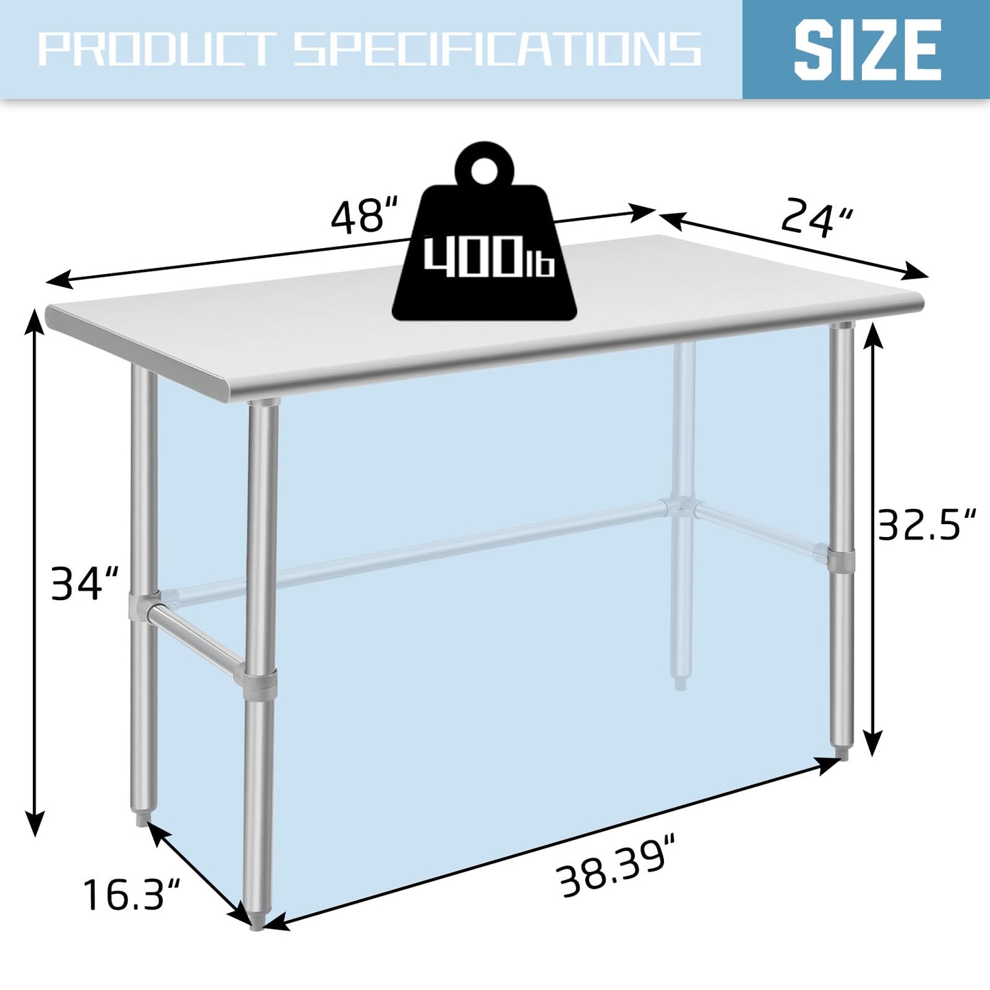Hally Open Base Stainless Steel Table 24 x 48 Inches, NSF Commercial Heavy Duty Prep & Work Table with Galvanized Legs for Restaurant, Home and Hotel