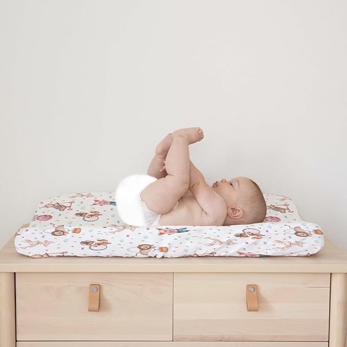 Watercolor Circus Animals Changing Pad Cover Cartoon Bear Lion Fox Bunny Elephant Pig Baby Diaper Change Table Sheets for Boy Girl Soft Stretchy Snug Fitted Changing Table Pad Mats 32''x16''