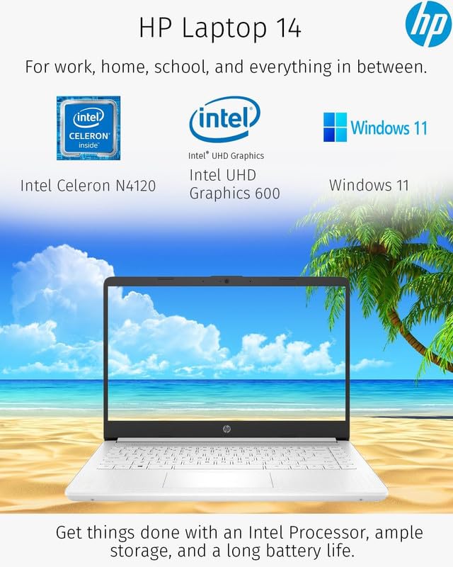 Hp New 14 Hd Ultral Light Thin Laptop, Quad-Core Intel Celeron Processor, 4Gb Ram, 128Gb (64Gb Emmc+ 64Gb Sd), Wi-Fi, Upto 11 Ho
