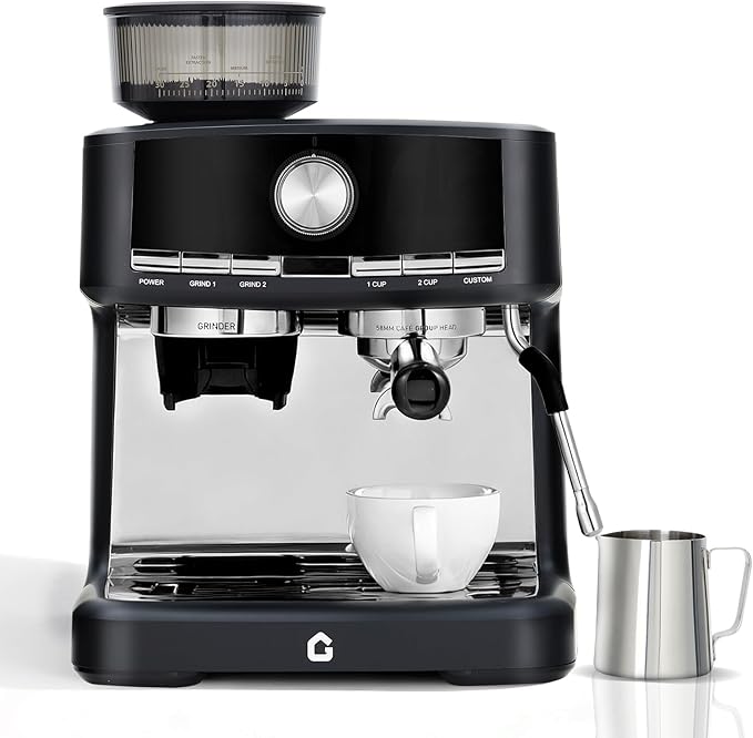 20 Bar Pressure Stainless Steel Espresso Machine with Grinder, 1.5l Removable Water Tank, Milk Frother Steam Wand for Latte and Cappuccino, Adjustable Shot Volume,Black